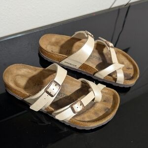 Birkenstock Mayari Cream Size 6 US 37 EU Bronze Double Buckle Slip On Sandals
